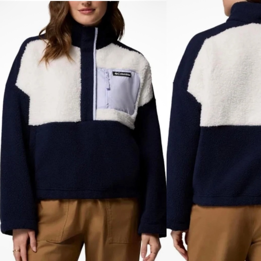 Columbia‎ Navy & White Ivory Sherpa Pullover Fleece Jacket Small S Two Tone
